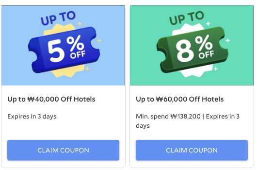 Agoda English coupon cards showing up to 40,000 won and 60,000 won off eligible hotels