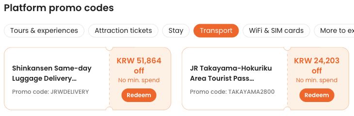 Klook Japan transport coupon cards showing JRWDELIVERY and TAKAYAMA2800 codes